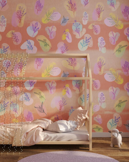Moderne Tapete mit grafische Pflanzen und bunte Muster im Kinderzimmer