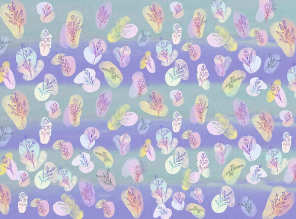 Moderne Tapete mit grafische Pflanzen und bunte Muster auf lila türkisem Hintergrund