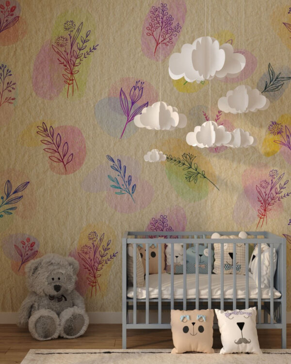 Moderne Tapete mit grafische Pflanzen und bunte Muster auf der Textur im Kinderzimmer