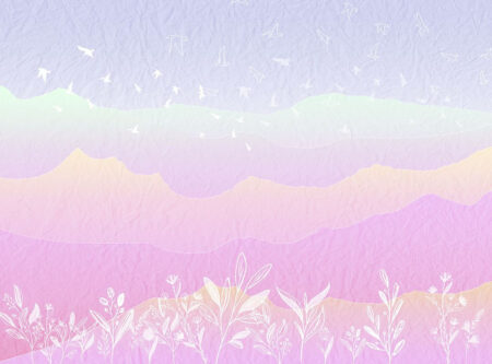 Fototapete grafische Pflanzen und fliegenden Vögel auf buntem Hintergrund in lila-rosa Tönen