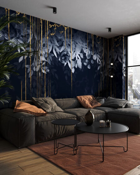 Designer Fototapete mit Pfingstrosen und Gerbera mit gold streifen im Wohnzimmer