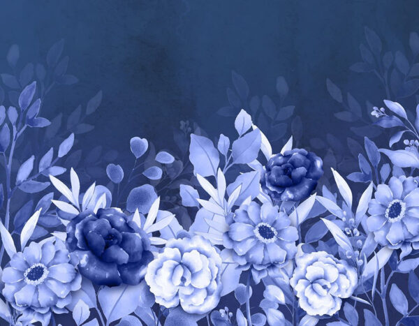 Designer Fototapete mit Pfingstrosen und Gerbera in lila Blautönen auf dunklem Hintergrund