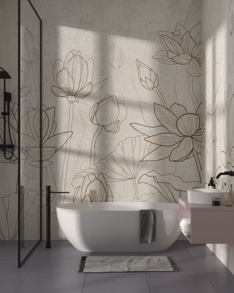 Moderne Tapete mit dekorativen Konturen aus braunen Seerosen im Badezimmer