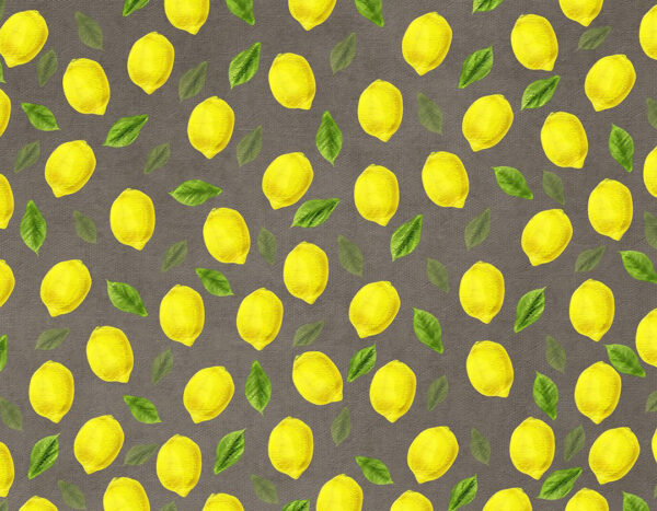 Vintage Tapete mit bemalten Zitronen und Blättern Muster auf grauem strukturiertem Hintergrund