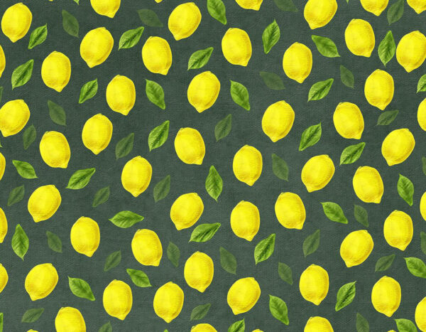 Vintage Tapete mit bemalten Zitronen und Blättern Muster auf dunkelgrünem strukturiertem Hintergrund