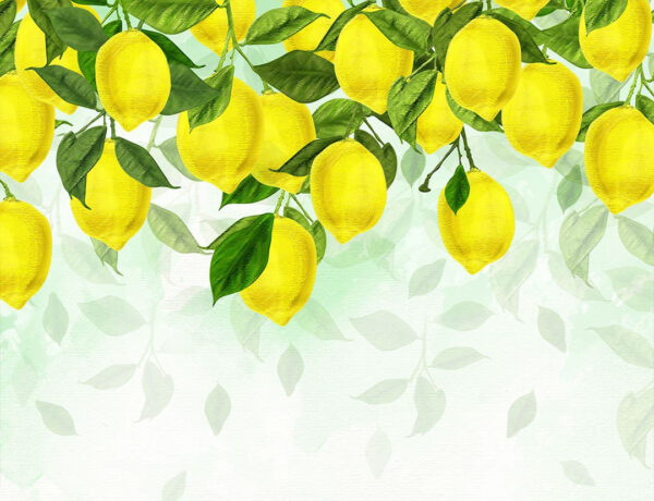 Vintage Tapete mit bemalten Zitronen, die von Ästen hängen auf hellem Hintergrund in Birkentönen