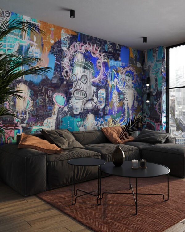 Exklusive Graffiti-Tapete mit acrylbemalten Charakteren im Wohnzimmer
