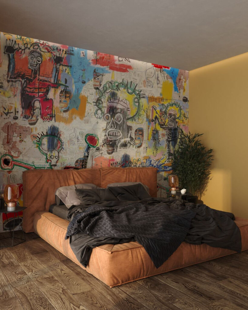Exklusive Graffiti-Tapete mit acrylbemalten Charakteren im Schlafzimmer