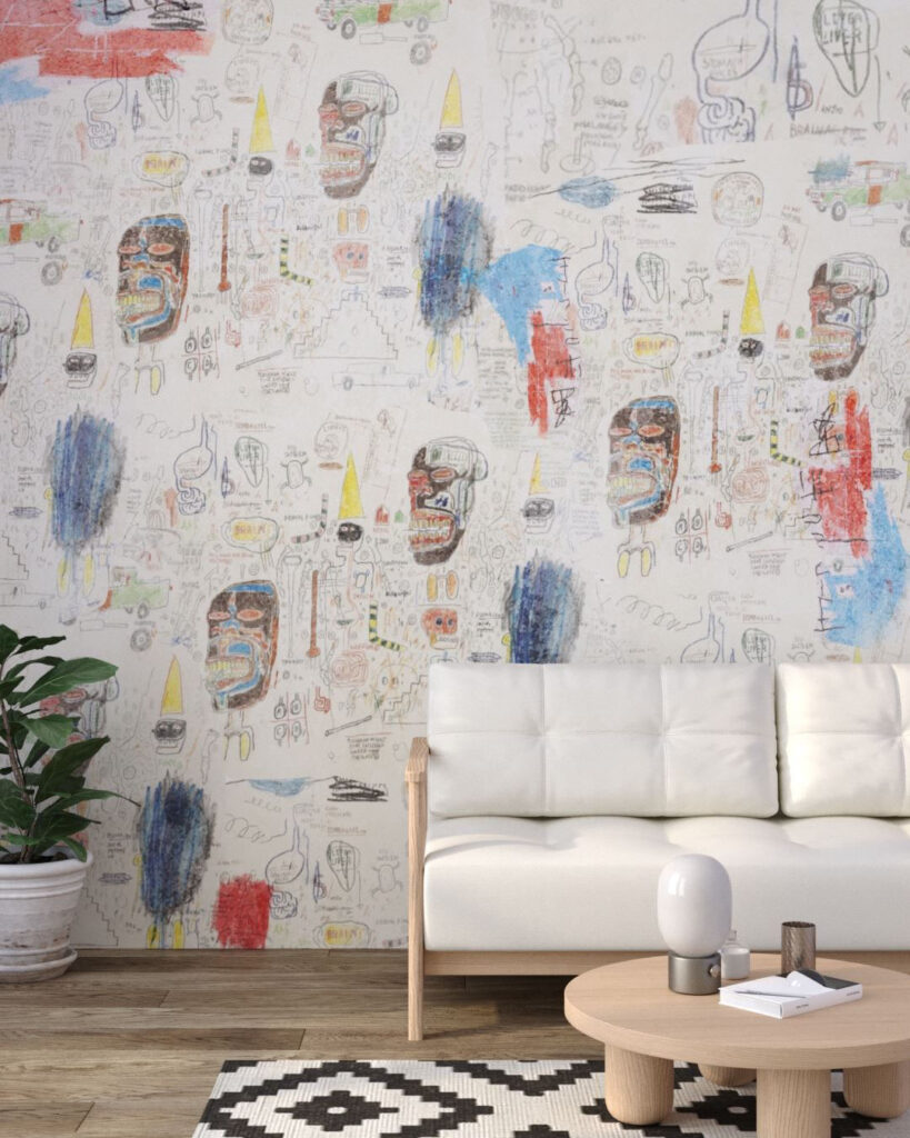 Exklusive Graffiti-Tapete mit Charakteren und verschiedenen grafischen Designs im Wohnzimmer