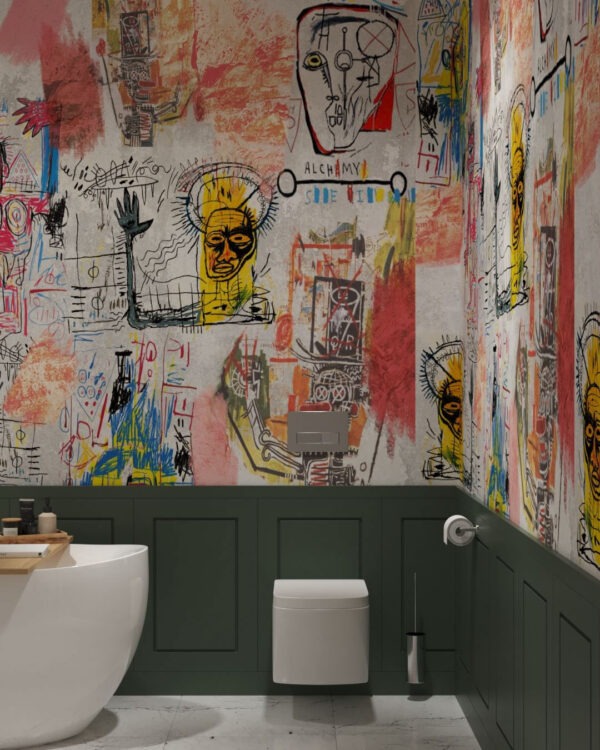 Exklusive Tapete im Graffiti-Stil mit bunten Charakteren und verschiedenen grafischen Designs im Badezimmer