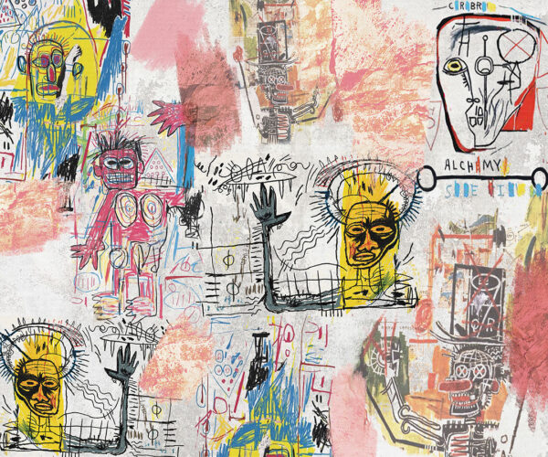 Exklusive Tapete im Graffiti-Stil mit bunten Charakteren und verschiedenen grafischen Designs, bemalt mit Acrylfarben