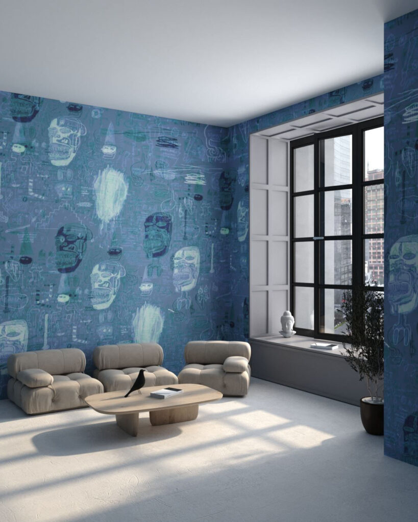 usive Tapete im Graffiti-Stil mit Charakteren und verschiedenen grafischen Designs auf blauem Hintergrund im Wohnzimmer