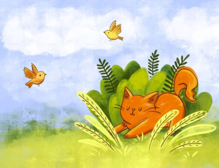 Kindertapete mit gemalter orange Katze und gelben Vögeln auf einer grünen Landschaft