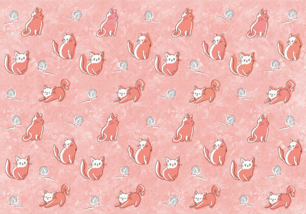 Babytapete mit kleinen rosa Kätzchen und weißen Fadenknäueln auf hellrosa strukturiertem Hintergrund