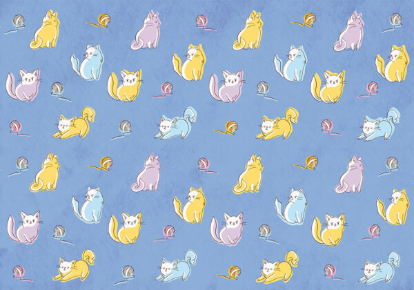Kindertapete mit kleinen bunten Kätzchen und Fadenknäuel auf blauem Hintergrund
