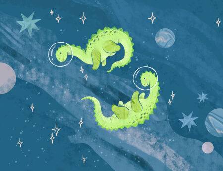Kindertapete mit großen grünen Dinosauriern in Raumanzügen, die im Weltraum fliegen