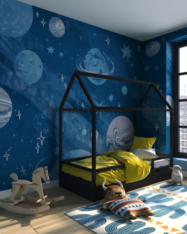 Kindertapete Weltraum mit Planeten und Sternen im Babyzimmer