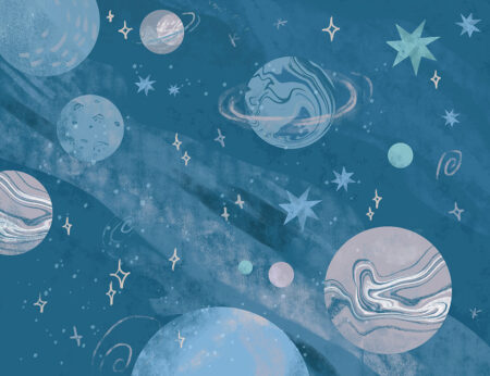 Kindertapete Weltraum mit Planeten und Sternen in dunkelblauen Tönen