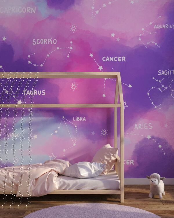 Tapete mit weißen Sternbilder und ihren Namen auf buntem Hintergrund im Kinderzimmer