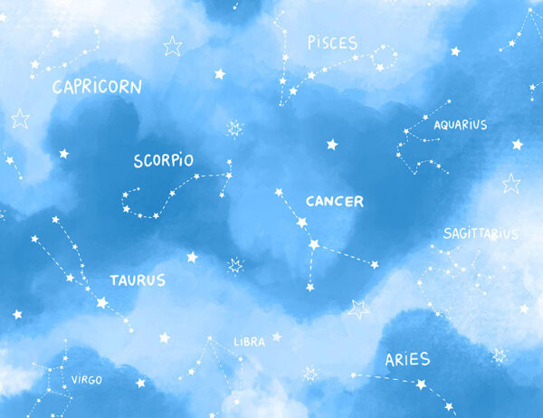 Kindertapete mit weißen Sternbilder und ihren Namen auf einem Hintergrund in Blautönen