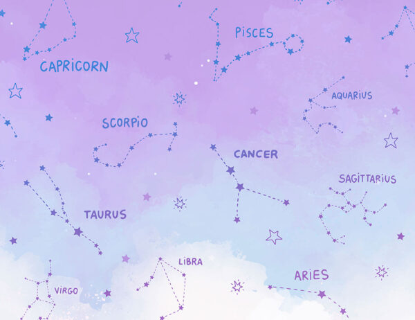 Kindertapete mit bunten Sternbilder und ihren Namen auf einem Hintergrund in lila-blauen Tönen