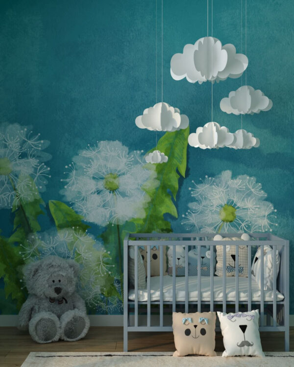 Fototapete mit großen pusteblume mit Farben bemalt im Babyzimmer