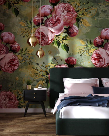 Tapete Muster mit großen hellrosa Rosen und goldenen Blättern im Schlafzimmer