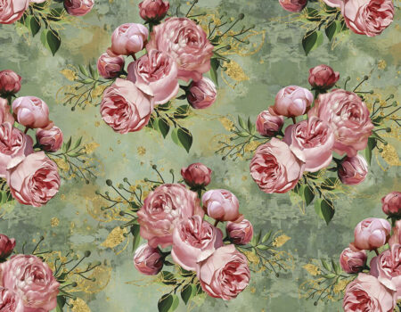 Tapete Muster mit großen hellrosa Rosen und goldenen Blättern auf dekorativem Hintergrund in Grüntönen