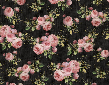 Tapete Muster mit kleinen hellrosa Rosen und goldenen Blättern auf schwarzem strukturiertem Hintergrund