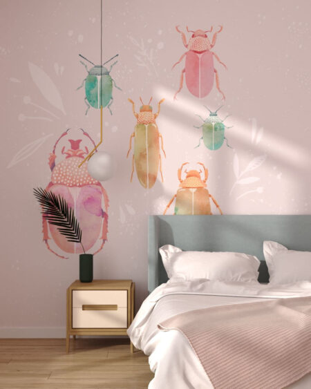 Wandtapete design mit bunten aquarell Käfer im Schlafzimmer
