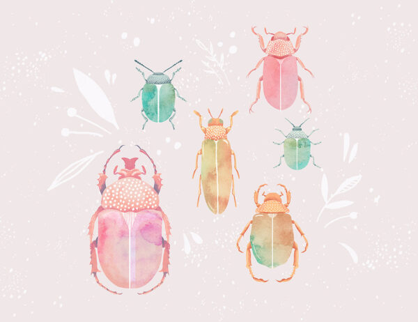 Wandtapete design mit bunten aquarell Käfer auf einem beigen dekorativem Hintergrund