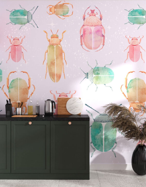 Designer Tapeten Muster mit bunten Aquarell käfer in der Küche