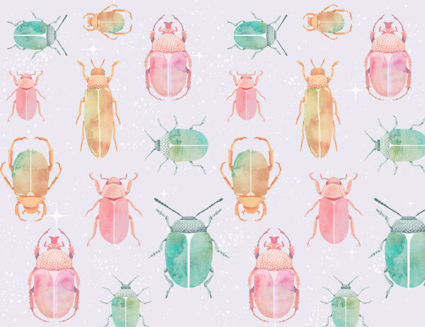 Designer Tapeten Muster mit bunten Aquarell käfer auf dekorativem blass lila Hintergrund