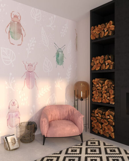 Designer Tapeten mit Aquarell käfer und bemalten weißen Blättern im Schlafzimmer