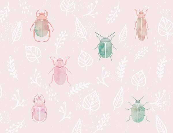 Designer Tapeten mit Aquarell käfer und bemalten weißen Blättern auf beigem Hintergrund