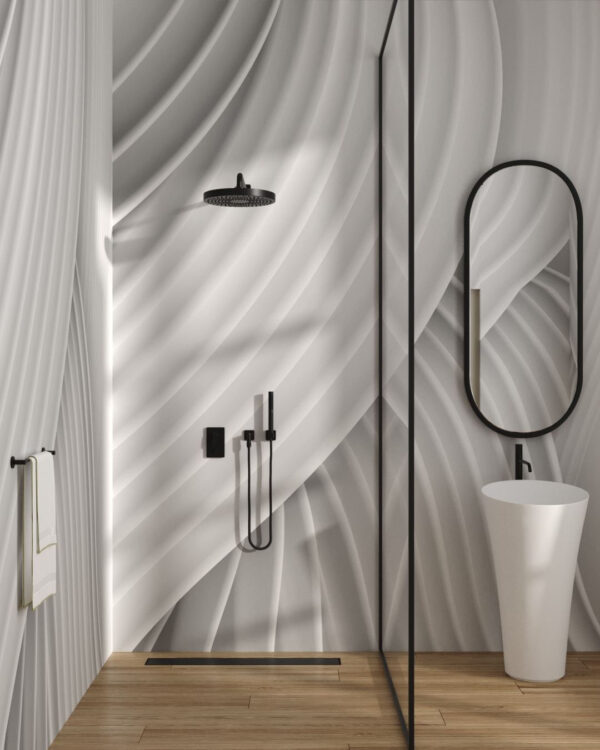 3D Tapete Abstraktion mit volumetrischen weißen geschwungene linien für das Badezimmer