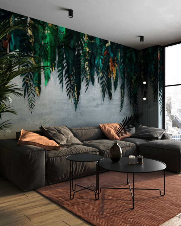 3D Tapete mit grünen tropische Blätter in goldener Farbe für das Wohnzimmer