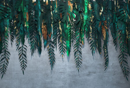 3D Tapete mit grünen tropische Blätter in goldener Farbe auf grauem Betonhintergrund