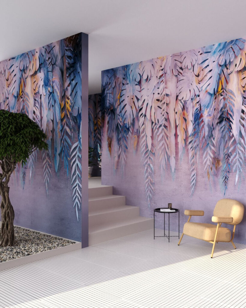 3D Tapete mit bunten tropische Blätter für das Wohnzimmer
