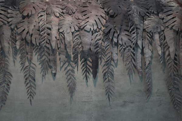 3D Tapete mit strukturierten tropische Blätter in Grautönen auf grauem Betonhintergrund