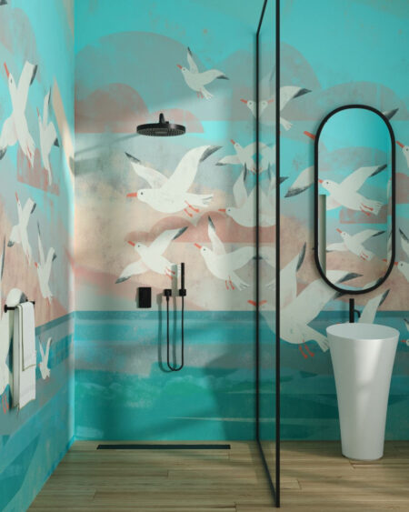 Fototapete mit einem gemalten Schwarm fliegender Möwen für das Badezimmer