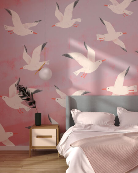Tapete Muster mit gemalten fliegenden Möwen für das Schlafzimmer