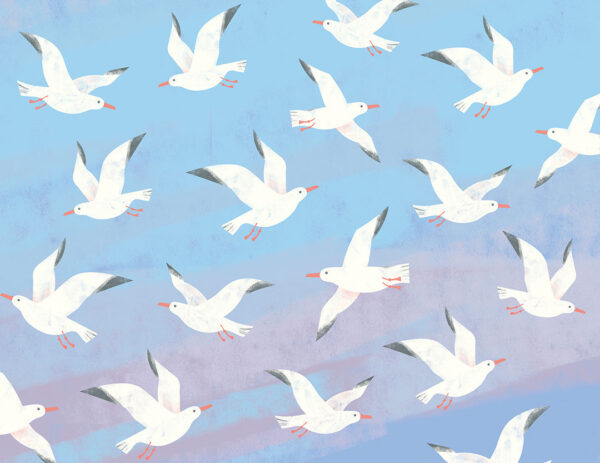Tapete Muster mit gemalten fliegenden Möwen am Himmel in Blautönen