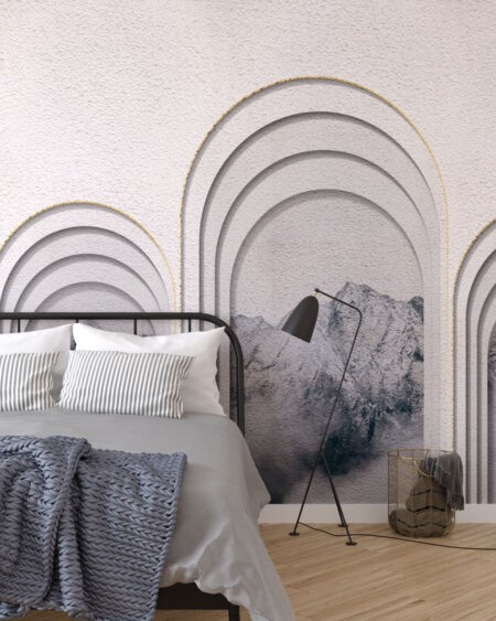 Design 3D fototapete mit voluminösen Gewölbe und Bergen im Hintergrund für das Schlafzimmer