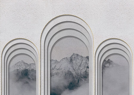 Design 3D fototapete mit voluminösen Gewölbe und Bergen im Hintergrund auf grauer Textur