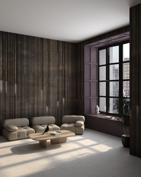 3D Tapete mit der Textur volumetrischer Linien auf strukturiertem Hintergrund in Grau-Braun-Tönen für das Wohnzimmer