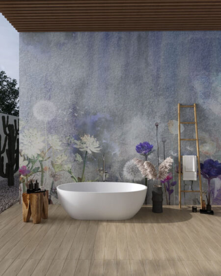Designer Fototapete mit Löwenzahn und anderen Blumen fürs Badezimmer