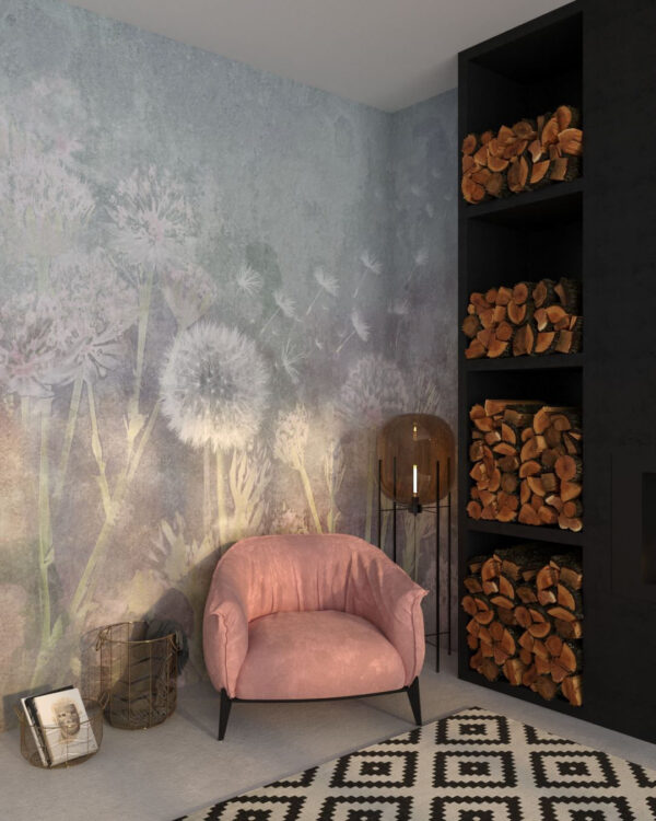 Designer Fototapete mit Pusteblume und Wildblumen für das Schlafzimmer