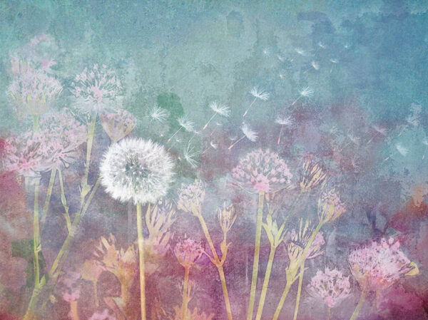 Designer Fototapete mit Pusteblume und Wildblumen auf buntem Aquarellhintergrund