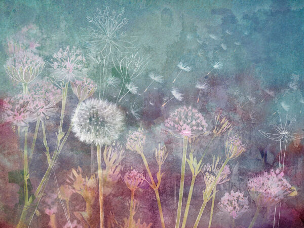 Designer Fototapete mit Pusteblume, Wildblumen und floralen Konturen auf buntem Aquarellhintergrund